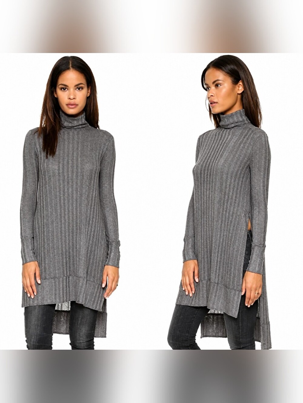 We The Free | Gray Ribbed Turtleneck Lightweight Tunic, Size L